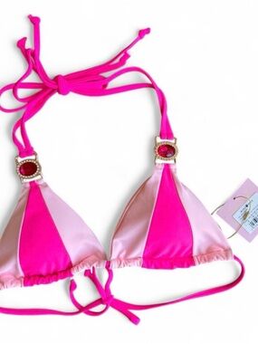 NWT Moda Minx Pink Bikini Top Jewel Detail Padded Cups Size M Colorblock Neon